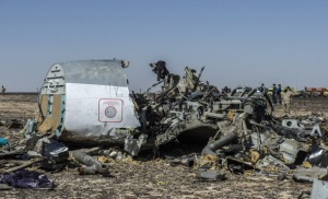 Debris of the A321 Russian airliner lie on the ground a day after the plane crashed in Wadi al-Zolomat, a mountainous area in Egypt's Sinai Peninsula, on November 1, 2015. International investigators began probing why the Russian airliner carrying 224 people crashed in the Sinai Peninsula, killing everyone on board, as rescue workers widened their search for missing victims. AFP PHOTO / KHALED DESOUKI (Photo credit should read KHALED DESOUKI/AFP/Getty Images)